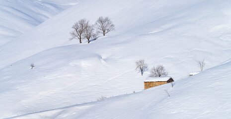 Snowy landscape in winter in the Valle del Miera in the Valles Pasiegos de Cantabria. Spain.Europe