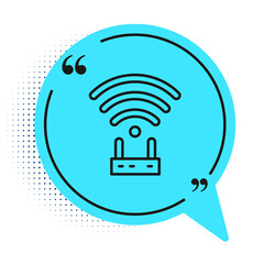 Black line Router and wi-fi signal icon isolated on white background. Wireless ethernet modem router. Computer technology internet. Blue speech bubble symbol. Vector.