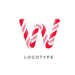 Candy letter W with bright red and white stripes. Like Sweet lollipop or funny cane. Vector latin symbol for logo and monogram. Branding typeset design
