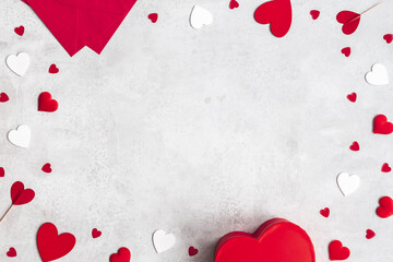Valentine's Day background. Gift, envelope, hearts on concrete gray background. Valentines day...