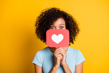 Photo of funky playful dark skin curly girl dressed blue t-shirt holding heart like card cover face isolated yellow color background - obrazy, fototapety, plakaty