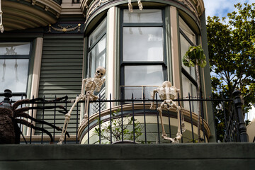 Beautiful shot of the human skeletons in the balcony-concept Halloween