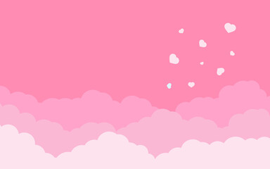 Pink sky, rose clouds with hearts landscape background for Valentines day. Border of cloud flat cartoon style. Cloudy heaven scene layered effect. Design panorama for banner poster Vector illustration