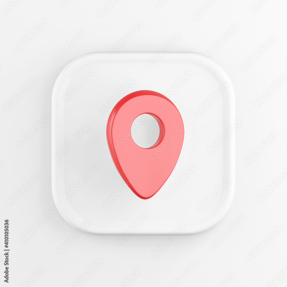 Poster 3d rendering square white icon button key red location symbol isolated on white background.