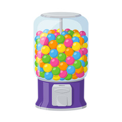 Gumball machine, dispenser with colored bubble gums isolated on white background. Vector cartoon illustration of purple vending machine with clear container full of round chewing candies and sweets