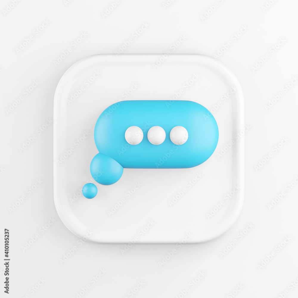 Poster 3d rendering square white icon button key blue round speech bubble isolated on white.
