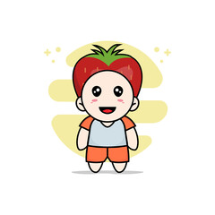 Cute kids character wearing strawberry costume.