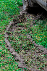 Dirty trail from the wheel of the car. Suv. Impassability.