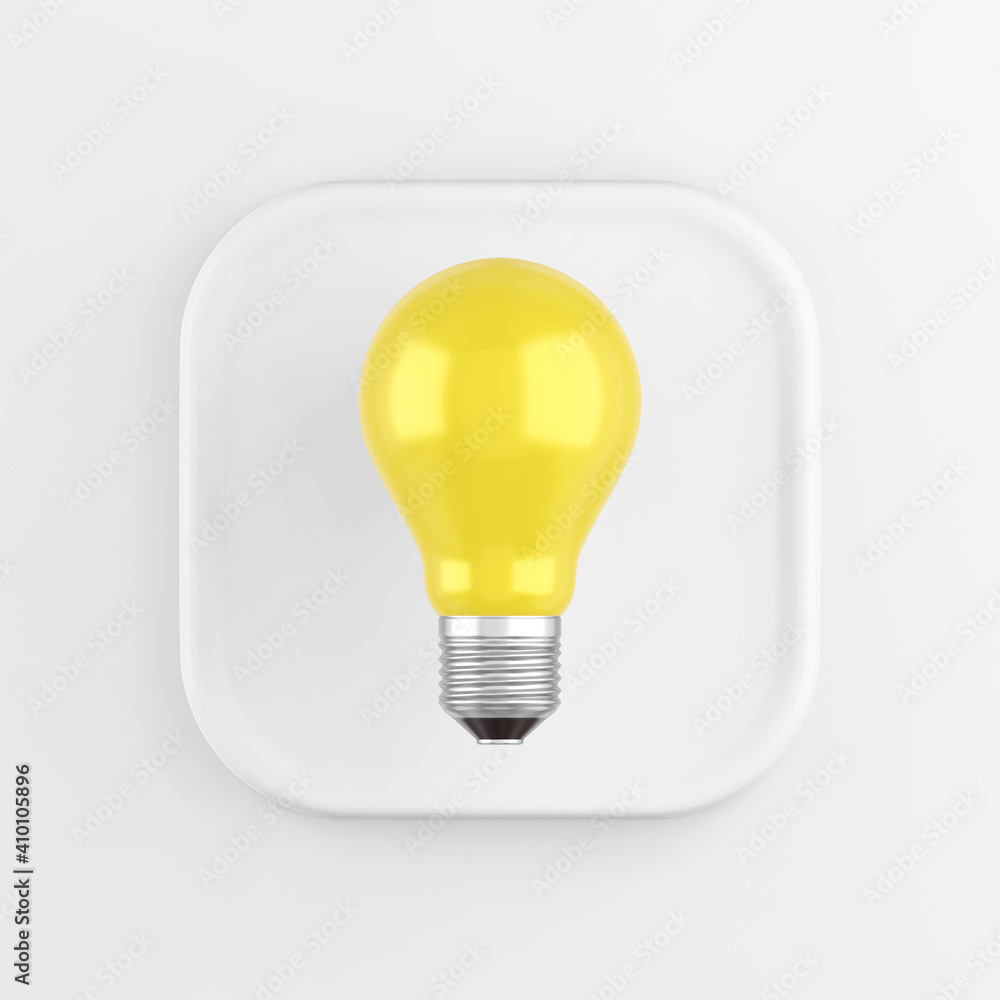 Poster the icon is a realistic yellow light bulb, white square button. 3d rendering.