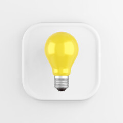 The icon is a realistic yellow light bulb, white square button. 3D rendering.