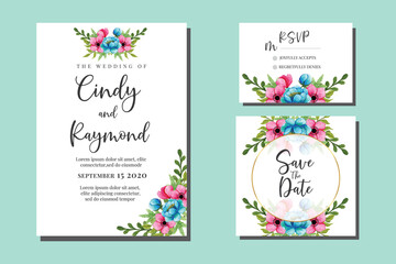 Wedding invitation frame set, floral watercolor hand drawn Peony Flower design Invitation Card Template