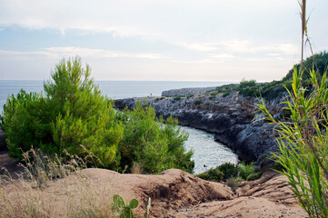 Typical jagged coastline in the mountainous area of Cilento with some guys swimming. Salerno, Italy.