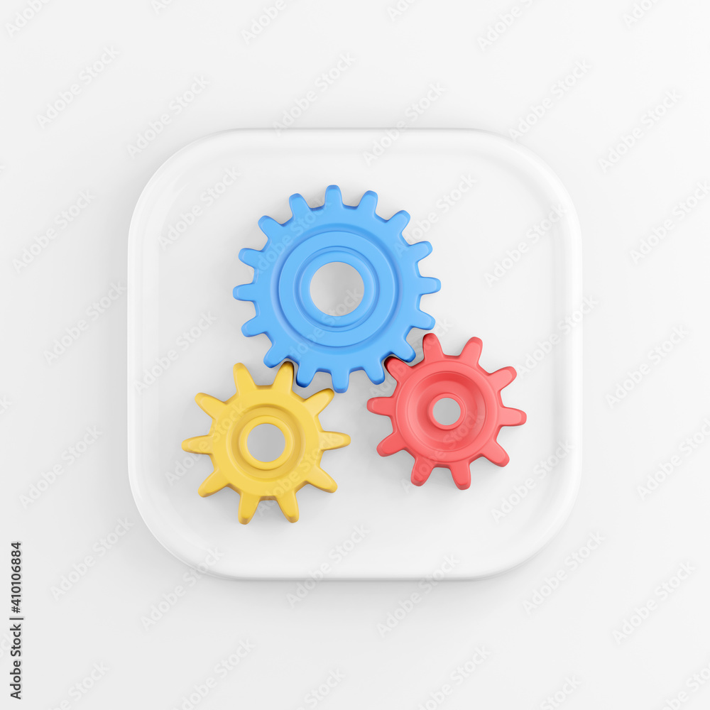 Aufkleber 3d rendering square white button icon, multicolored gears isolated on white background.