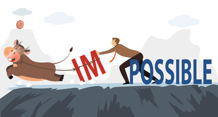 man with a cow (year of the ox) change impossible to possible text on Mountain, sky background. Business, success, challenge, motivation, achievement and possible concept.