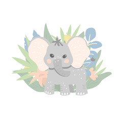 Cute cartoon baby elephant on a background of tropical plants and leaves. Baby elephant in the jungle. Flat vector illustration 