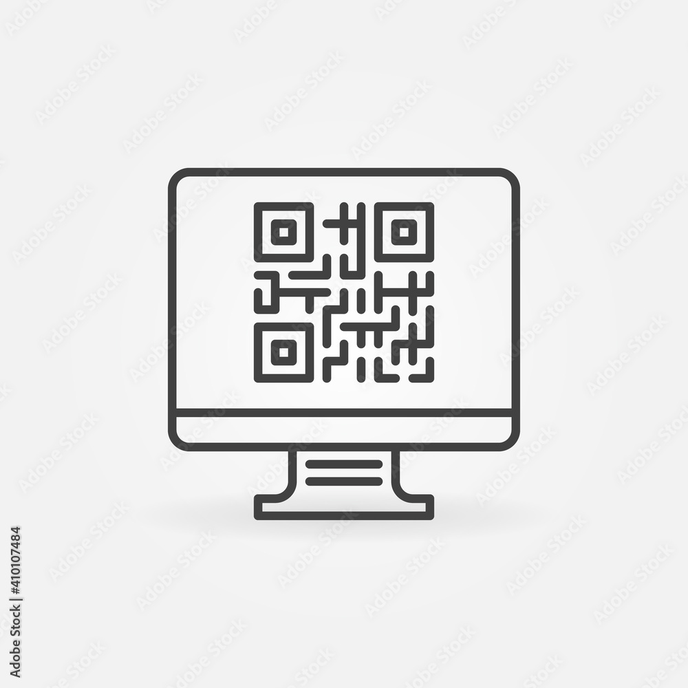 Poster computer with qr code on screen vector concept icon or symbol in thin line style