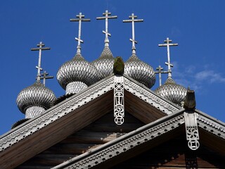 Old Russian orthodox christian wooden church domes