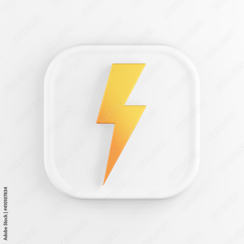 Poster 3d rendering square white button icon, yellow lightning isolated on white background.