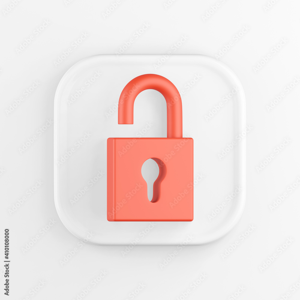 Poster 3d rendering of a white square icon button. red open padlock isolated on white background.