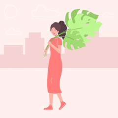 Young woman holding monstera leaves in her hands. Flat vector illustration on city background.