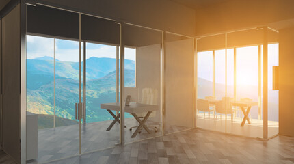 Modern office building interior. 3D rendering.. Sunset.