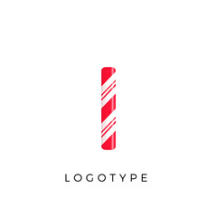 Candy letter I with bright red and white stripes. Like Sweet lollipop or funny cane. Vector latin symbol for logo and monogram. Branding typeset design