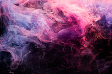 Naklejka na ściany i meble Color in water. Art background. Smoke cloud abstract texture. Enchanted air. Glowing bright pink violet paint steam wave blend on dark.