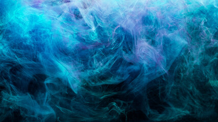 Color smoke. Abstract background. Paint in water splash. Sea storm wave texture. Glowing blue purple glitter vapor spreading on dark.