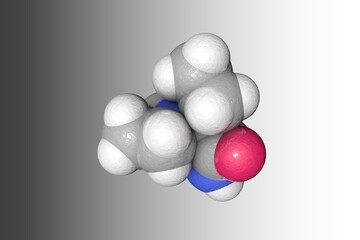 Molecular structure of etiracetam. Atoms are represented as spheres with color coding: carbon (grey), nitrogen (blue), oxygen (red), hydrogen (white). Scientific background. 3d illustration