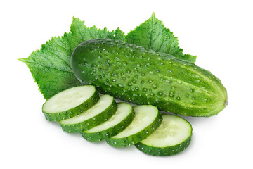 Sliced cucumber isolated on white background with clipping path and full depth of field,