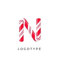 Candy letter N with bright red and white stripes. Like Sweet lollipop or funny cane. Vector latin symbol for logo and monogram. Branding typeset design