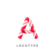 Candy letter A with bright red and white stripes. Like Sweet lollipop or funny cane. Vector latin symbol for logo and monogram. Branding typeset design
