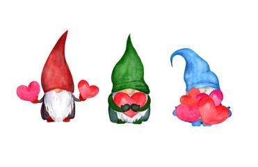 Valentine gnomes with hearts in hands. Watercolor set - scandinavian magic dwarfs with love symbols