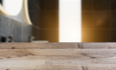 black tiled bathroom. large window with shutters. 3D rendering.. Sunset.. Abstract blur phototography. wooden table on blurred background.