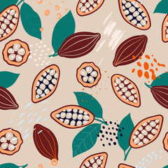 Doodle cocoa and abstract elements. Vector seamless pattern. Hand drawn illustrations.