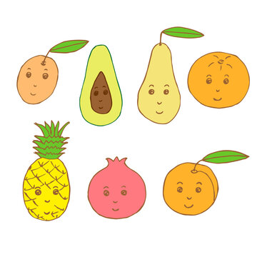 Set of fruits with faces, apricot, avocado, orange, pear, pineapple, pomegranate and peach, vector illustration, hand drawing, colored