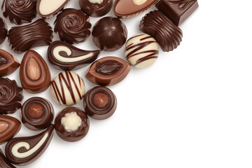 Chocolate candy isolated on white background with clipping path and full depth of field. Top view with copy space for your text. Flat lay