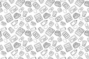 seamless pattern of various grocery items.package, box, can, pack, ingredient, fresh, food, vintage doodle line art hand draw style 