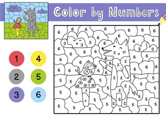 Color by numbers game for kids. Coloring page with a cute wolf and bird. Printable worksheet with solution for school and preschool. Learning numbers activity. Vector illustration