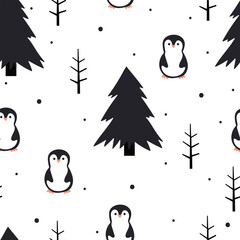 Seamless pattern with cute cartoon penguin for fabric print, textile, gift wrapping paper. colorful vector for kids, flat style