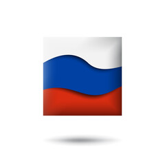 Russia flag icon in the shape of square. Waving in the wind. Abstract waving russia flag. Russian tricolor. Paper cut style. Vector symbol, icon, button