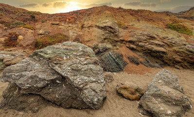 Beautiful rock formations on the beach in California, beautiful sky and nature in the outdoor.