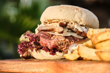 Homemade beef burger with fries