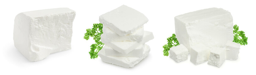 Feta cheese isolated on white background. With full depth of field. Set or collection