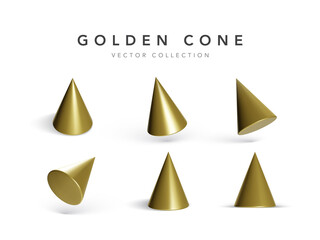 Set of golden geometric cones with shadow isolated on white background. 3d geometric shapes objects. Render decorative figure for design. Vector illustration