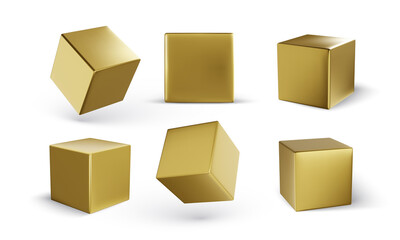 Set of golden 3d cubes, geometric gold square. Vector illustration