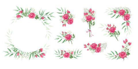 Green leaves and roses - set of design elements. Vector illustration -- frames, corners, vignettes for decorating postcards. Watercolor style.