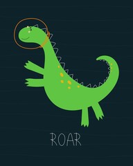 cartoon dinosaur, hand drawing lettering. colorful vector illustration for kids, flat style. baby design for cards, print, posters, logo, cover