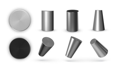 Set of metal geometric cylinders isolated on white background. Realistic geometry elements. 3d geometric shapes objects. Render decorative figure for design. Vector illustration