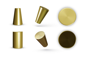 Set of golden geometric cylinders isolated on white background. Realistic geometry elements. Render decorative figure for design. Vector illustration